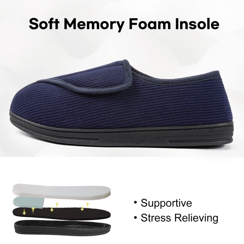 LongBay Men's Memory Foam Diabetic Slippers Comfy Warm Plush Fleece Arthritis Edema Swollen House Shoes (10, Navy Blue) - Image 3